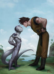 Rule 34 | 2boys, alien, black hair, day, dougi, dragon ball, dragonball z, eye contact, frieza, from side, hands on own hips, image sample, in-hyuk lee, looking at another, monster boy, multiple boys, muscular, ocean, realistic, son goku, spiked hair, tail, water