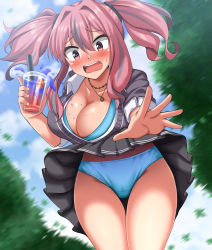 Rule 34 | 1girl, absurdres, azur lane, blue bra, blue panties, blurry, blurry background, blush, bra, breasts, bremerton (azur lane), cleavage, collarbone, commentary request, cup, falling, grey skirt, hair between eyes, highres, holding, holding cup, jewelry, large breasts, long hair, mole, mole under eye, motion blur, multicolored hair, necklace, open mouth, outdoors, panties, pantyshot, pink eyes, pink hair, pleated skirt, sidelocks, skirt, sleeves rolled up, solo, spilling, streaked hair, sweatdrop, sweater, thighs, twintails, underwear, zanntetu