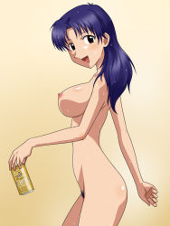 Rule 34 | 1girl, alcohol, beer, beer can, black eyes, blush, breasts, can, completely nude, drink, drink can, eyebrows hidden by hair, female pubic hair, from side, goriate, happy, head tilt, holding, holding drink, katsuragi misato, large breasts, long hair, looking at viewer, mature female, neck, neon genesis evangelion, nipples, nude, open mouth, parted bangs, pubic hair, purple hair, sideboob, smile, solo, standing, straight hair, tan background, wet, wet hair