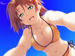 Rule 34 | 1girl, bikini, blush, breasts, brown hair, game cg, green eyes, happy, large breasts, looking at viewer, navel, open mouth, short hair, sky, solo, sweat, swimsuit, takeya masami, te to te try on, tears