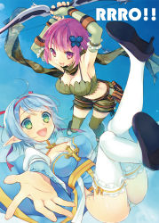 Rule 34 | 2girls, :d, arch bishop (ragnarok online), armpits, arms up, arrow (projectile), bare shoulders, blue hair, blue sky, bow (weapon), breasts, butterfly hair ornament, cleavage, day, elbow gloves, elf, fingerless gloves, gloves, green eyes, green legwear, hair ornament, hair ribbon, high heels, lace, lace-trimmed legwear, lace trim, large breasts, midriff, multiple girls, namanie, open mouth, outstretched hand, palms, panties, pink eyes, pink hair, pointy ears, ragnarok online, ranger (ragnarok online), ribbon, scarf, shoes, short hair, shorts, side-tie panties, sky, smile, string panties, thighhighs, thighs, underwear, weapon, white legwear, white panties