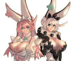 Rule 34 | 2girls, alternate color, alternate costume, animal ears, blue eyes, breasts, cleavage, clover, dress, dual persona, elphelt valentine, fake animal ears, four-leaf clover, guilty gear, guilty gear xrd, hairband, highres, large breasts, multiple girls, pink hair, rabbit ears, short hair, spiked hairband, spikes, white hair