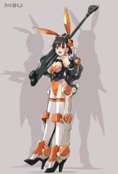 Rule 34 | 1girl, absurdres, animal ears, black footwear, black gloves, blush, breasts, brown eyes, brown hair, cleavage cutout, clothing cutout, fake animal ears, finger gun, gloves, grey background, gun, hair behind ear, hawkeye girl (mechanical buddy universe), high heels, highres, holding, holding gun, holding weapon, ishiyumi, leotard, looking at viewer, mechanical buddy universe, milady (mechanical buddy universe), momdroid (mechanical buddy universe), open mouth, playboy bunny, ponytail, shadow, silhouette, small breasts, smile, solo focus, thighhighs, weapon, white thighhighs