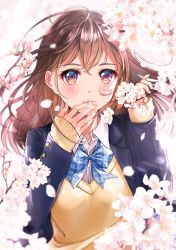 Rule 34 | 1girl, absurdres, black jacket, blazer, blue bow, blue bowtie, blush, bow, bowtie, brown hair, cherry blossoms, commentary request, finger to mouth, fingernails, hands up, highres, jacket, long hair, long sleeves, mixed-language commentary, mole, mole under eye, nail polish, open clothes, open jacket, original, parted lips, petals, pink lips, pink nails, plaid, plaid bow, plaid bowtie, plaid neckwear, purple eyes, school uniform, signature, sleeves past wrists, smile, solo, spring (season), sweater, takuki takuki, upper body, v-neck, wing collar, yellow sweater