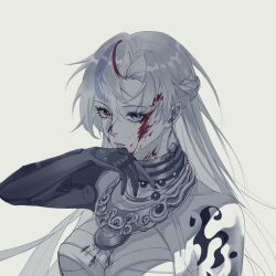 Rule 34 | 1girl, alpha (punishing: gray raven), arm tattoo, bandaged chest, blood, blood on face, braid, breasts, earrings, french braid, grey eyes, grey hair, grey theme, heterochromia, highres, jewelry, large breasts, lucia: crimson weave (punishing: gray raven), mechanical arms, multicolored hair, necklace, pendant, punishing: gray raven, purple hair, red eyes, red hair, single mechanical arm, solo, streaked hair, tattoo, violessastvira