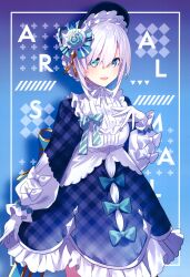 Rule 34 | 1girl, :d, absurdres, ars almal, blue background, blue bow, blue eyes, bonnet, bow, character name, cowboy shot, dress, frilled dress, frills, gloves, hair between eyes, hair bow, hair ornament, hand up, highres, long sleeves, looking at viewer, nijisanji, open mouth, puffy long sleeves, puffy sleeves, saine, scan, smile, solo, standing, unmoving pattern, virtual youtuber, white bow, white gloves, white hair