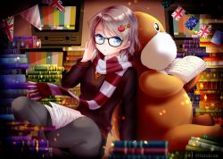Rule 34 | 1girl, :o, adjusting eyewear, arm support, black-framed eyewear, black pantyhose, blue eyes, blush, book, book stack, brown hair, food-themed hair ornament, fringe trim, glasses, hair ornament, hand up, heart, hirako, indian style, indoors, long sleeves, looking at viewer, love live!, love live! school idol festival, love live! sunshine!!, open book, open mouth, pantyhose, red sweater, scarf, short hair, sitting, solo, string of flags, striped clothes, striped scarf, sweater, swept bangs, television, test card, uchicchii, union jack, watanabe you