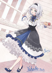 Rule 34 | 1girl, braid, bread, buttons, casual, commission, cross-laced clothes, double-breasted, dress, food, frilled dress, frills, green eyes, hairband, halo, halo removed, highres, kamishiro rita, mary janes, muffin, prism project, shoes, short hair, silver hair, skeb commission, solo, todo-akira, tongs, underbust, virtual youtuber