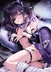 Rule 34 | 1girl, absurdres, animal ears, arm strap, ass, backpack, bag, bandaid, bandaid on arm, bell, black bra, black hair, black panties, blush, bra, breasts, cat ears, chain, charm (object), choker, comiket 102, earrings, expressionless, eyepatch, fake animal ears, fang, gradient hair, grey eyes, hair ornament, highres, jewelry, long hair, looking at viewer, loose socks, lying, multicolored hair, multicolored nails, neck bell, on side, original, panties, parted lips, pillow, pink hair, purple bag, randoseru, sketchbook, skindentation, small breasts, socks, solo, thigh strap, twintails, two-tone hair, underwear, white socks, yunmi 0527
