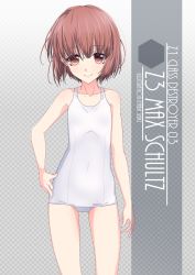 Rule 34 | 1girl, artist name, blush, brown eyes, brown hair, character name, checkered background, collarbone, commentary request, cowboy shot, eyes visible through hair, flat chest, gradient background, grey background, hair between eyes, highres, inaba shiki, kantai collection, looking at viewer, old school swimsuit, one-hour drawing challenge, one-piece swimsuit, school swimsuit, school uniform, short hair, simple background, smile, solo, standing, swimsuit, white one-piece swimsuit, white school swimsuit, z3 max schultz (kancolle)