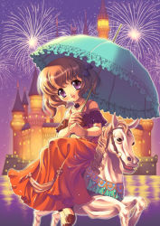 Rule 34 | 1girl, aerial fireworks, castle, dress, fireworks, horse, jewelry, kusui aruta, necklace, night, night sky, original, parasol, purple eyes, short twintails, sky, solo, twintails, umbrella