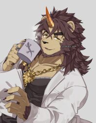 Rule 34 | 1boy, animal ears, animal nose, bara, black shirt, brown hair, commentary request, cup, fang, fingernails, furry, furry male, grey background, hair between eyes, holding, holding cup, holding paper, horns, jewelry, lab coat, lion boy, lion ears, long hair, looking at viewer, male focus, muscular, muscular male, necklace, open mouth, paper, pawpads, pazuzu (housamo), pectoral cleavage, pectorals, ring, ring hair ornament, rokuro yusa, sharp fingernails, shirt, simple background, smile, solo, steam, thick eyebrows, tokyo houkago summoners, twitter username, upper body, yellow eyes