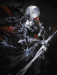 Rule 34 | 1girl, :|, absurdres, armor, black background, black jacket, breastplate, closed mouth, cowboy shot, expressionless, floating hair, from side, gauntlets, grey eyes, grey hair, highres, holding, holding sword, holding weapon, jacket, long hair, looking at viewer, original, pale skin, sidelocks, simple background, solo, straight hair, sword, tuda6, vambraces, weapon