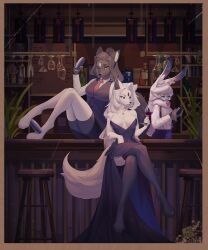Rule 34 | 3girls, ahoge, alcohol, animal ear fluff, animal ears, animal feet, animal hands, animal nose, artist name, bar (place), bar stool, bare shoulders, black hair, black pants, black sclera, black thighhighs, black vest, body fur, border, bottle, bow, bowtie, breasts, breasts apart, brown border, buttons, claws, cleaning, closed eyes, closed mouth, cloth, cocktail glass, cocktail shaker, collarbone, collared shirt, colored sclera, crossed legs, cup, dress, drink, drinking glass, facial mark, female focus, forehead mark, fox ears, fox girl, fox tail, full body, furry, furry female, gem, glasses, half-closed eyes, hand up, hands up, happy, highres, holding, holding cloth, holding drink, holding drinking glass, indoors, jewelry, knees together feet apart, lin mzhh, long hair, long sleeves, looking at viewer, medium breasts, multiple girls, neck fur, necklace, necktie, on bench, on stool, orange eyes, original, pants, pawpads, ponytail, purple dress, rabbit ears, rabbit girl, red bow, red bowtie, red gemstone, red necktie, round eyewear, shirt, shirt tucked in, side slit, sidelocks, signature, sitting, small breasts, smile, snout, stool, strapless, strapless dress, suspenders, tail, thighhighs, thighs, traditional bowtie, upper body, vest, white eyes, white fur, white hair, white shirt, white thighhighs, wine, wine glass, yellow-framed eyewear, zettai ryouiki