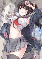 Rule 34 | 1girl, arm up, armpits, bag, black cardigan, black hair, black thighhighs, blue sky, breasts, breath, cardigan, cellphone, collared shirt, commentary request, cowboy shot, crop top, crop top overhang, day, earphones removed, grey skirt, groin, hair ornament, hair scrunchie, hand up, hoshimaemi, indoors, leg up, light switch, long hair, long sleeves, looking at viewer, mask, mask pull, medium breasts, midriff, miniskirt, moe2019, mouth mask, navel, neckerchief, open cardigan, open clothes, original, parted lips, phone, pleated skirt, ponytail, red eyes, red neckerchief, school bag, scrunchie, shirt, shoe dangle, shoes, sidelocks, skirt, sky, sleeveless, sleeveless shirt, solo, standing, standing on one leg, stomach, surgical mask, sweat, thighhighs, underboob, undershirt, white footwear, white shirt, window, zettai ryouiki
