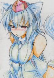 Rule 34 | 1girl, animal ears, bad id, bad pixiv id, bare shoulders, blush, breasts squeezed together, breasts, colored pencil (medium), detached sleeves, female focus, hat, highres, inubashiri momiji, kitazinger, large breasts, red eyes, short hair, solo, tail, tokin hat, touhou, traditional media, upper body, white hair, wolf ears, wolf tail