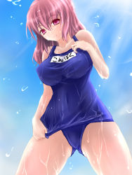 Rule 34 | 1girl, breasts, covered erect nipples, female focus, highres, large breasts, lens flare, light rays, name tag, negamaro, one-piece swimsuit, pink eyes, pink hair, saigyouji yuyuko, school swimsuit, solo, sunbeam, sunlight, swimsuit, touhou, undersized clothes, wet, wet clothes
