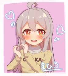 Rule 34 | 1girl, :d, absurdres, ahoge, blush, brown eyes, character name, clothes writing, commentary, grey hair, heart, heart hands, highres, long hair, long sleeves, looking at viewer, nekomotowata, onii-chan wa oshimai!, open mouth, oyama mahiro, pink background, simple background, smile, solo, sweater, upper body, yellow sweater