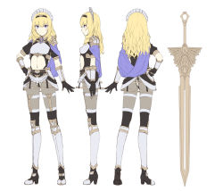 Rule 34 | 1girl, armor, back, black footwear, black gloves, black hairband, blush, boots, capelet, character sheet, closed mouth, clothing cutout, covered erect nipples, eden&#039;s ritter grenze, eden grenze, frills, gloves, hair between eyes, hairband, hand on own hip, heart, heart belt, high heels, kageshio (276006), knee boots, long hair, maid headdress, multiple views, navel, navel cutout, pantyhose, pauldrons, profile, puffy sleeves, purple capelet, purple eyes, shoulder armor, simple background, sketch, stomach cutout, sword, thigh strap, vambraces, weapon, white background