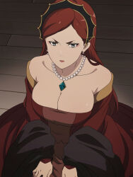 1girl bare_shoulders breasts cleavage dress earrings grey_eyes highres hilda_boreas_greyrat jewelry long_hair looking_at_viewer mature_female mushoku_tensei necklace red_hair red_lips serious sitting solo