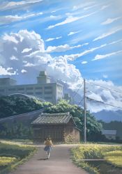 Rule 34 | 1girl, absurdres, backpack, bag, brush stroke, building, cloud, cloudy sky, commentary request, day, from behind, grass, highres, kake (kakelele), original, outdoors, pleated skirt, power lines, road, running, scenery, school uniform, skirt, sky, skyscraper, solo, wide shot, wooden wall