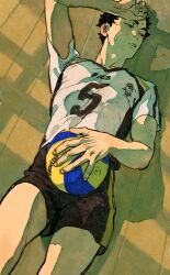 Rule 34 | 1boy, akaashi keiji, arm up, ball, black hair, black shorts, brown background, chengongzi123, green eyes, haikyuu!!, hand on own head, highres, holding, holding ball, looking to the side, lying, male focus, mikasa sports, on back, parted lips, shadow, shirt, short hair, short sleeves, shorts, sportswear, t-shirt, very short hair, volleyball (object), volleyball uniform, white shirt