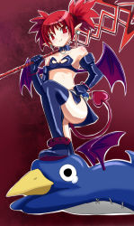 Rule 34 | 1girl, bangle, bare shoulders, bat wings, black gloves, boots, bracelet, collar, demon girl, demon tail, disgaea, earrings, elbow gloves, etna (disgaea), flat chest, foot on head, gloves, hand on own hip, highres, jewelry, makai senki disgaea, mini wings, miniskirt, pointy ears, prinny, red hair, short twintails, side slit, skirt, skull earrings, slit pupils, smile, stepped on, stomach, strapless, tail, thigh boots, thighhighs, twintails, wings, zetsuei (zetto)