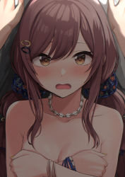 Rule 34 | 1girl, alternate hairstyle, arakumachikano, blush, bracelet, braid, breast hold, breasts, collarbone, completely nude, covering breasts, covering privates, day, embarrassed, hair ornament, hair scrunchie, hairclip, hand on wall, highres, idolmaster, idolmaster shiny colors, jewelry, kabedon, long hair, looking at viewer, medium breasts, necklace, nude, open mouth, osaki amana, outdoors, red hair, scrunchie, shell, shell necklace, solo focus, standing, swept bangs, twin braids, yellow eyes