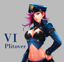 Rule 34 | 1girl, absurdres, blue eyes, breasts, character name, cherrylich, cleavage, daeho cha, earrings, hand on own hip, hat, highres, jacket, jewelry, large breasts, league of legends, long sleeves, midriff, navel, officer vi, pink hair, police, police hat, police uniform, policewoman, smile, solo, sunglasses, typo, uniform, vi (league of legends)