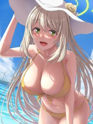Rule 34 | 1girl, :d, bikini, blue archive, blue sky, blush, breasts, cleavage, cloud, collarbone, commentary, day, flower, green eyes, hair between eyes, halo, hand on headwear, hat, hat flower, highres, large breasts, leaning forward, light brown hair, long hair, navel, nonomi (blue archive), nonomi (swimsuit) (blue archive), ocean, open mouth, outdoors, resolution mismatch, side-tie bikini bottom, sidelocks, silver bullet (ecc12 8), sky, smile, solo, source smaller, sun hat, swimsuit, very long hair, windmill, yellow bikini