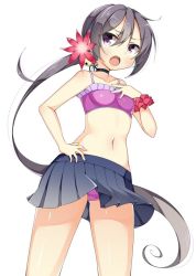 Rule 34 | 10s, 1girl, :o, akebono (kancolle), bad id, bad twitter id, bell, bikini, flower, hair bell, hair flower, hair ornament, hand on own chest, hand on own hip, kankitsunabe (citrus), kantai collection, long hair, looking away, open mouth, purple eyes, purple hair, side ponytail, simple background, skirt, solo, swimsuit, very long hair, white background