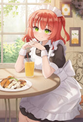 Rule 34 | 1girl, absurdres, apron, black dress, blush, bocchi the rock!, chair, closed mouth, commentary request, cup, day, dress, drink, drinking glass, drinking straw, food, frilled apron, frills, green eyes, hair between eyes, highres, indoors, interlocked fingers, kita ikuyo, maid, maid apron, maid headdress, on chair, one side up, plate, puffy short sleeves, puffy sleeves, red hair, short sleeves, sitting, smile, solo, white apron, window, yukiunag1