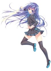 Rule 34 | 10s, 1girl, ange vierge, black thighhighs, blazer, blue eyes, blue hair, bow, bowtie, energy sword, full body, hair ornament, hairclip, highres, holding, holding weapon, jacket, long hair, looking at viewer, looking back, official art, pleated skirt, ryouka (suzuya), school uniform, shoes, simple background, skirt, solo, sougetsu saya, sword, thighhighs, uniform, weapon, white background, zettai ryouiki