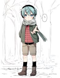 Rule 34 | 1boy, blue eyes, blue hair, headphones, jacket, looking at viewer, male focus, original, os (os fresa), outdoors, partially colored, scarf, shorts, solo, souta (os), standing, twitter username, winter clothes