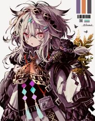 1girl :o absurdres arm_up ascot azzz_(7334080) bandaid bandaid_on_face barcode black_shirt bug butterfly collared_shirt dot_nose fern fur-trimmed_hood fur_trim grey_hair hair_between_eyes hair_ornament highres hood id_card insect lanyard long_hair long_sleeves looking_at_viewer messy_hair original patterned_clothing pink_hair qr_code shirt simple_background sleeves_past_fingers sleeves_past_wrists solo tassel twitter_username upper_body white_background white_shirt x_hair_ornament yellow_ascot