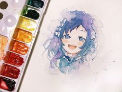 Rule 34 | 1girl, :d, aiba uiha, art tools in frame, blue bow, blue eyes, blue hair, bow, hair bow, hand up, highres, looking at viewer, nijisanji, open mouth, painting (medium), photo (medium), signature, smile, sofra, solo, striped, striped bow, teeth, traditional media, twitter username, upper teeth only, virtual youtuber, watercolor (medium), white bow