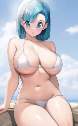 Rule 34 | 1girl, :o, absurdres, bare shoulders, bikini, blue eyes, blue hair, blue sky, breasts, bulma, cloud, collarbone, commentary request, dragon ball, highres, jasony, large breasts, looking at viewer, open mouth, short hair, sitting, sky, solo, swimsuit, thighs, white bikini