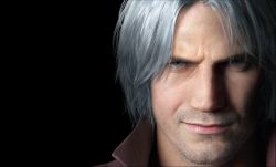 Rule 34 | black background, dante (devil may cry), devil may cry (series), devil may cry 5, facial hair, grey eyes, grey hair, highres, male focus, portrait, realistic, simple background, solo, stubble