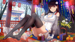 Rule 34 | 1girl, arm support, azur lane, bare shoulders, bare tree, black hair, black thighhighs, blue umbrella, blunt bangs, breasts, china dress, chinese clothes, cleavage, cleavage cutout, closed mouth, clothing cutout, commentary request, copyright name, d. (ddot2018), day, detached sleeves, dress, feet, fingerless gloves, fingernails, flower, gloves, hair flower, hair ornament, hand up, holding, holding umbrella, lantern, large breasts, long hair, long sleeves, looking at viewer, no shoes, oil-paper umbrella, outdoors, paper lantern, red eyes, see-through, sitting, sleeveless, sleeveless dress, smile, snow, snowing, solo, thighhighs, tree, umbrella, vase, very long hair, white dress, white flower, white gloves, wide sleeves, yat sen (azur lane), yellow flower