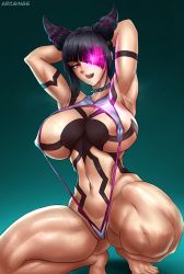 Rule 34 | 1girl, arcsinge, armlet, armpits, arms behind head, black hair, blue background, breasts, chikan, covered erect nipples, glowing, glowing eyes, gradient background, hair over one eye, han juri, highres, large breasts, navel, open mouth, pink eyes, short twintails, slingshot swimsuit, solo, spread legs, squatting, street fighter, street fighter 6, sweat, swimsuit, teeth, thick thighs, thighs, tiptoes, tongue, tongue out, twintails, upper teeth only