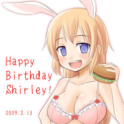 Rule 34 | 00s, 1girl, animal ears, birthday, blue eyes, bra, breasts, burger, charlotte e. yeager, cleavage, food, large breasts, lingerie, long hair, orange hair, rabbit ears, rabbit girl, shinjou ryou, solo, strike witches, underwear, world witches series