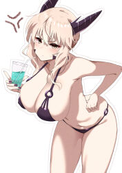 Rule 34 | 1girl, anger vein, artoria pendragon (fate), artoria pendragon (lancer alter) (fate), bare shoulders, bikini, black bikini, blonde hair, blush, braid, breasts, cleavage, collarbone, cup, drinking straw, fate/grand order, fate (series), french braid, hair between eyes, highres, horns, large breasts, leaning forward, long hair, looking at viewer, murio, navel, sidelocks, solo, swimsuit, thighs, yellow eyes