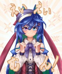 Rule 34 | 1girl, absurdres, alternate hairstyle, animal ears, aqua hair, blue bow, blue eyes, blue hair, blue hat, bow, cabbie hat, clenched hands, closed mouth, clothing cutout, collared shirt, commentary, cosplay, ei ei mun!, emphasis lines, hair down, hat, heterochromia, highres, horse ears, horse girl, long hair, long sleeves, looking at viewer, mary (194fight), matikane tannhauser (umamusume), matikane tannhauser (umamusume) (cosplay), multicolored hair, purple eyes, shirt, shoulder cutout, smile, solo, sparkle, standing, tilted headwear, translated, twin turbo (umamusume), two-tone hair, umamusume, underbust, upper body, white shirt