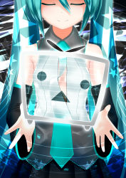Rule 34 | 1girl, absurdres, aqua eyes, bare shoulders, colored eyelashes, dangan neko, detached sleeves, closed eyes, hatsune miku, highres, long hair, necktie, niconico, smile, solo, star (symbol), twintails, very long hair, vocaloid