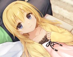Rule 34 | 1boy, 1girl, blonde hair, camisole, casual, chitose sana, clenched hand, closed mouth, cofetaru, collarbone, colored eyelashes, commentary, dutch angle, eyelashes, frilled camisole, frills, from above, hair between eyes, hair down, hair intakes, hair spread out, hand up, indoors, jewelry, lap pillow, long hair, looking at viewer, lying, on back, open clothes, open shirt, pink camisole, ring, shirt, sidelocks, sleeves past wrists, smile, solo focus, tenshinranman, upper body, upturned eyes, wedding ring, yellow shirt