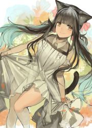 Rule 34 | 1girl, animal ears, black hair, blunt bangs, cat ears, cat tail, closed mouth, collared dress, dress, floral background, flower, frills, green eyes, hair flower, hair ornament, hair scrunchie, holding, holding clothes, holding skirt, jewelry, kneehighs, leg up, long hair, looking at viewer, low twintails, original, pendant, petals, rayvon, scrunchie, sidelocks, skirt, sleeveless, sleeveless dress, smile, socks, solo, tail, twintails, white socks, wristband