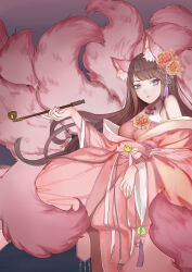 1girl absurdres an876-com animal_ear_fluff animal_ears bare_shoulders blunt_bangs brown_hair chinese_clothes chinese_commentary closed_mouth commentary cowboy_shot dress expressionless eyelashes flower flower_brooch fox_ears fox_girl fox_tail grey_background hair_flower hair_ornament hanfu highres holding holding_smoking_pipe light_frown lipstick long_hair long_sleeves looking_at_viewer makeup miracle_nikki multiple_tails nail_polish nikki_(series) orange_flower pink_dress pink_hanfu pink_lips pink_nails pink_shawl purple_eyes shawl sleeveless sleeveless_dress slit_pupils smoking_pipe solo standing tail tassel tassel_hair_ornament tight_clothes tight_dress tsurime very_long_hair wide_sleeves