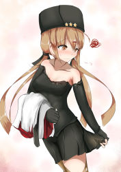 Rule 34 | 1girl, black bow, black hat, black skirt, blush, bow, breasts, brown eyes, brown hair, brown thighhighs, closed mouth, fingerless gloves, fur hat, gloves, gradient background, hair between eyes, hair bow, hair ornament, hairclip, hat, highres, jacket, kantai collection, long hair, low twintails, medium breasts, oni (onirenger), papakha, shirt, skirt, solo, star (symbol), tashkent (kancolle), thighhighs, torn clothes, torn thighhighs, twintails, untucked shirt, white jacket