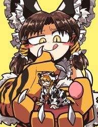 Rule 34 | 2girls, amerika zarigani, animal costume, animal hands, animal print, benikurage (cookie), black bow, blonde hair, blue bow, blush, bow, braid, brown hair, chinese zodiac, claws, closed mouth, commentary request, cookie (touhou), cow costume, frilled bow, frilled hair tubes, frills, gloves, hair bow, hair tubes, hakurei reimu, highres, kirisame marisa, licking lips, long hair, looking to the side, mars (cookie), medium hair, mini person, minigirl, multiple girls, open mouth, parted bangs, paw gloves, side braid, simple background, single braid, slit pupils, smile, tiger print, tongue, tongue out, touhou, upper body, year of the ox, year of the tiger, yellow background, yellow eyes, you gonna get eaten