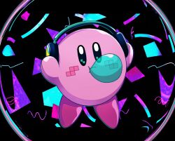 Rule 34 | 2elu2, arms up, black background, black eyes, blowing bubbles, bright pupils, bubble, chewing gum, commentary request, confetti, full body, headphones, highres, kirby, kirby (series), looking at viewer, nintendo, no humans, solo, tetris, white pupils